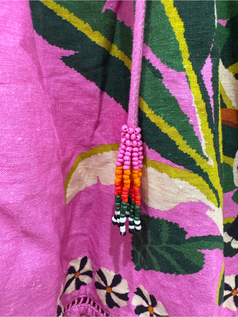 Farm Rio Leopard Forest Mini Dress Pink Linen Blend Beaded Tassels Medium M - Picture 7 of 10